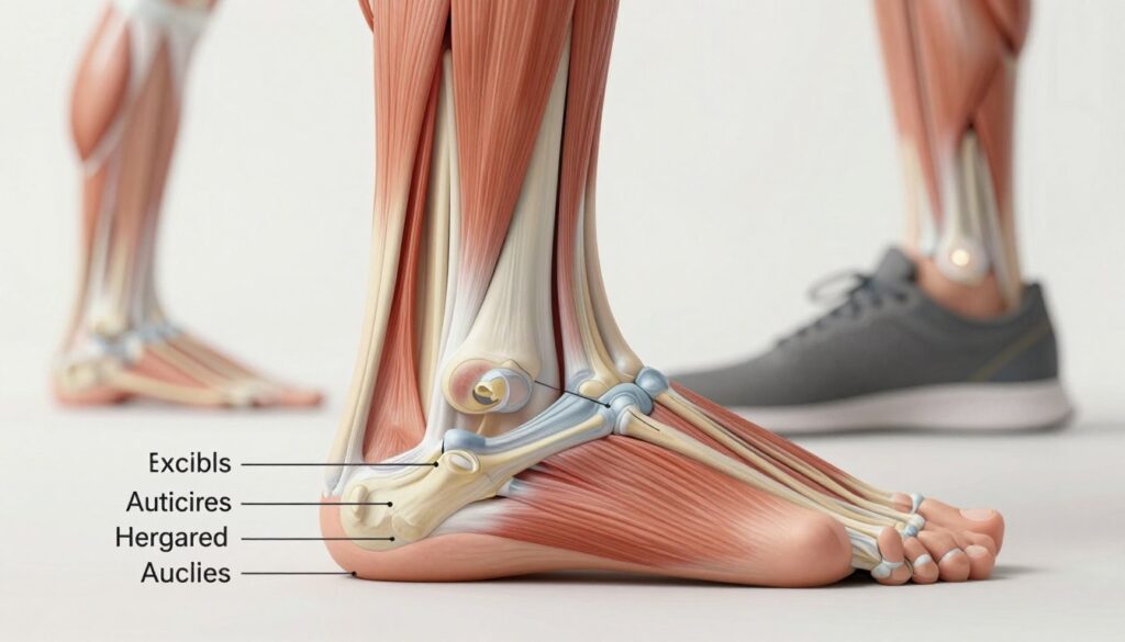 A detailed anatomical illustration of the Achilles tendon, prominently displayed in the foreground. The tendon should be labeled clearly for educational purposes. In the middle ground, depict a human foot in a professional, anatomical pose, showing the foot and ankle joint in a neutral position to highlight movement. The foot should be clothed in modest athletic footwear to maintain professionalism. In the background, a soft-focus anatomical diagram of the lower leg muscles provides context. Use natural, soft lighting to create an informative and educational atmosphere. The angle should be slightly elevated to capture the tendon’s connection from the calf muscle to the heel. Emphasize clarity, realism, and an educational tone to reflect proper anatomical detail, suitable for a health-related article. A detailed anatomical illustration of the Achilles tendon, prominently displayed in the foreground. The tendon should be labeled clearly for educational purposes. In the middle ground, depict a human foot in a professional, anatomical pose, showing the foot and ankle joint in a neutral position to highlight movement. The foot should be clothed in modest athletic footwear to maintain professionalism. In the background, a soft-focus anatomical diagram of the lower leg muscles provides context. Use natural, soft lighting to create an informative and educational atmosphere. The angle should be slightly elevated to capture the tendon’s connection from the calf muscle to the heel. Emphasize clarity, realism, and an educational tone to reflect proper anatomical detail, suitable for a health-related article.