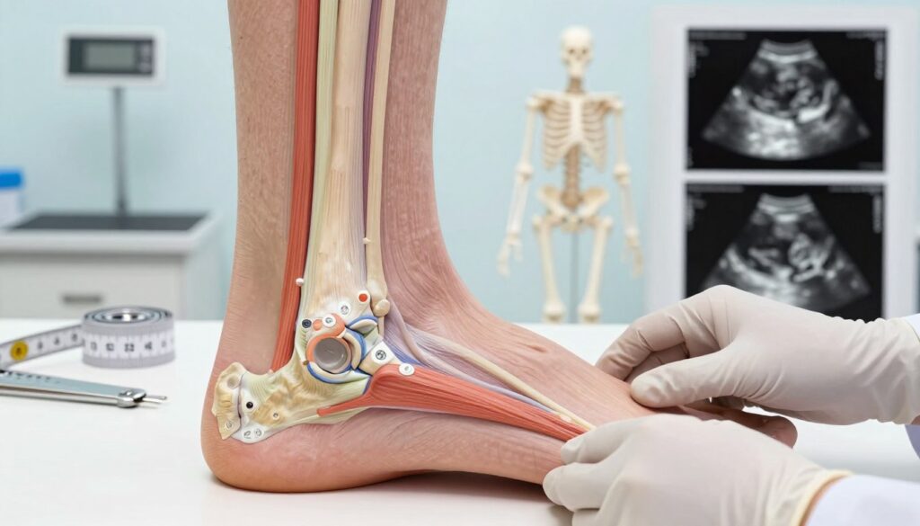 A detailed anatomical illustration of the Achilles tendon, showcasing its structure and location in the human body. In the foreground, a close-up view of the foot and ankle area, highlighting the Achilles tendon with a focus on its attachment to the heel bone. The middle layer includes medical tools like a measuring tape and a goniometer for clinical assessment, alongside a skeletal model for context. In the background, softly blurred graphics of functional scales and imaging results like ultrasound and MRI scans represent diagnostic tools. Soft, clinical lighting emphasizes the educational aspect, with a sterile environment creating a mood of professionalism and precision. The composition should not include any people but can feature a set of hands in professional medical gloves gently examining the ankle area.