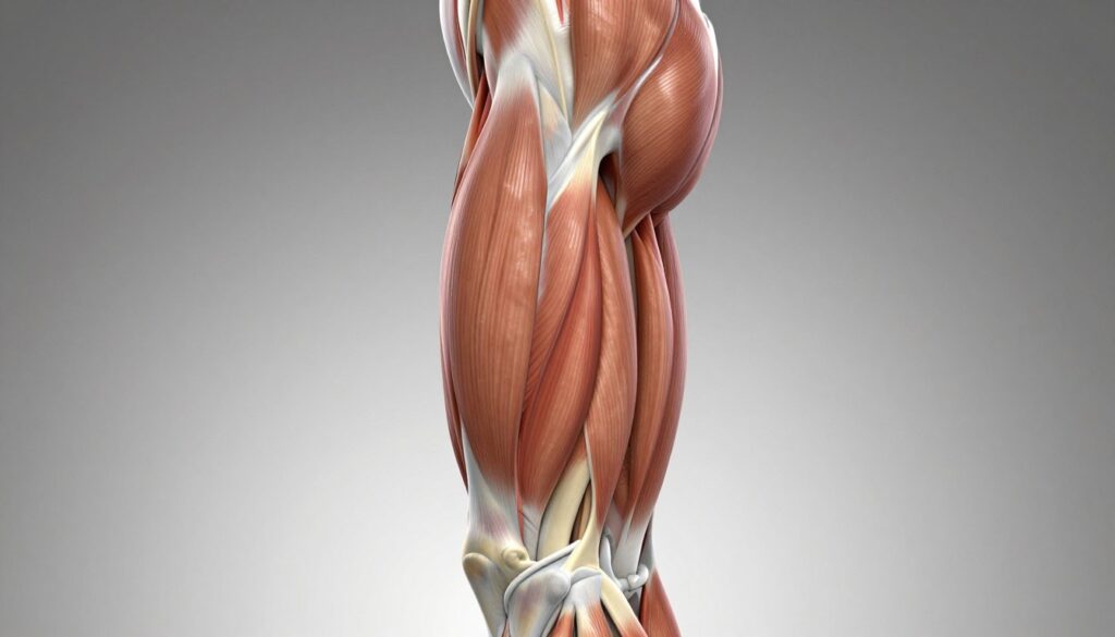 A detailed anatomical illustration of the biceps femoris muscle, highlighting its origin and insertion points on the human thigh. Focus on a side view of a muscular leg, showcasing the muscle's structure in rich detail. The foreground should include clearly defined muscle fibers and connective tissues, emphasizing their physical characteristics. In the middle ground, depict the connection between the biceps femoris and the pelvis, with a clear view of the attachment points. The background should be a neutral gradient, allowing the muscle to stand out prominently. Use soft, natural lighting to enhance the texture and depth, with a slight emphasis on anatomical accuracy. The overall mood should be educational and professional, suitable for anatomical study and understanding.