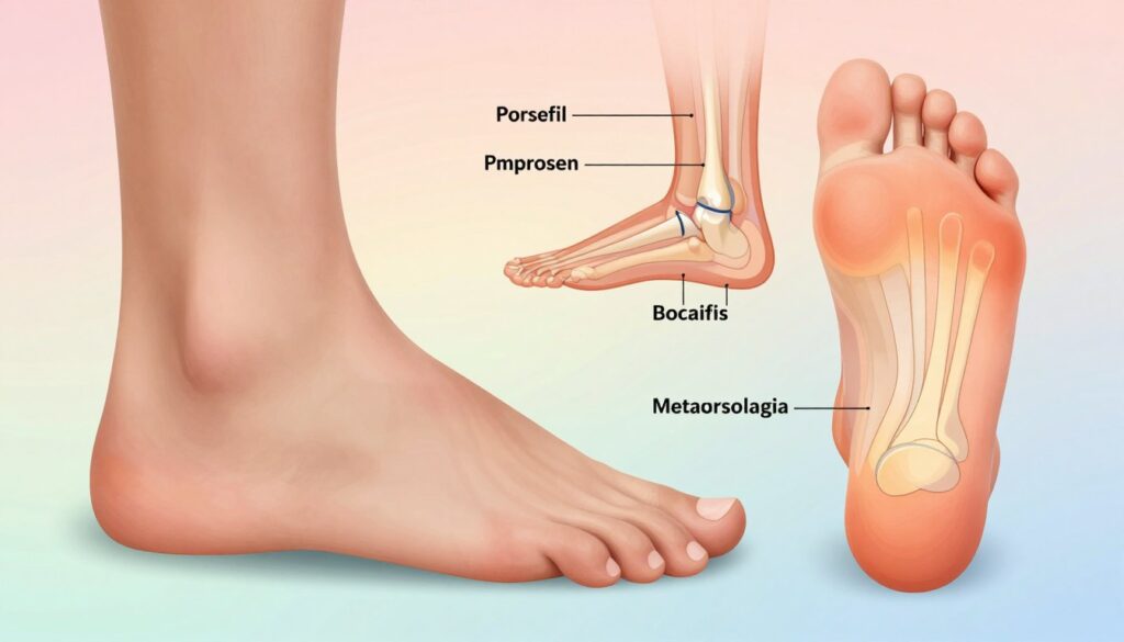 A detailed anatomical illustration of the forefoot, highlighting the common causes of forefoot pain. In the foreground, a close-up of a human foot showing the metatarsal area with highlighted stress points and anatomical labels for conditions such as plantar fasciitis and metatarsalgia. In the middle ground, a diagrammatic representation of foot positioning during activities, demonstrating improper posture that can lead to pain. The background should feature a soft gradient of pastels to evoke a calm and informative atmosphere. Utilize warm, even lighting to create a clear, professional look, mimicking a medical textbook illustration. Focus on a top-down view to provide clarity on foot mechanics and discomfort.