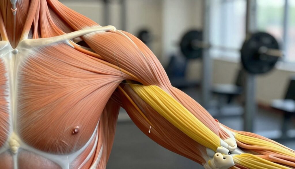 A detailed anatomical illustration of the long head tendon of the biceps brachii, focusing on its attachment to the shoulder and upper arm. In the foreground, a well-defined anatomical model displaying the tendons and muscles in vibrant colors, showing orange for the biceps and yellow for the tendon. In the middle, there should be a transparent overlay highlighting the key aspects of tendon structure with arrows indicating points of interest. The background features a blurred gym setting, suggesting the activity of weight lifting, emphasizing the theme of muscle strain and injury. Use soft, natural lighting to create a clinical yet engaging atmosphere, captured from a slight elevated angle to provide a comprehensive view. The overall mood should be informative and professional.