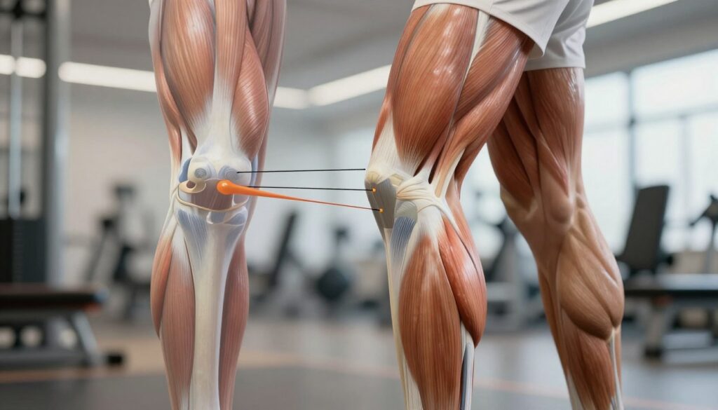 A detailed anatomical illustration showcasing the biceps femoris attachment points at the knee. In the foreground, highlight a human leg in a professional sports context, with the focus on the hamstring muscle group, particularly the biceps femoris. Use realistic anatomical markings to indicate the origin and insertion points. In the middle ground, a semi-transparent overlay of muscle fibers can be depicted, emphasizing the contraction and strain at the attachment site. The background should feature a softly blurred gym environment, conveying a mood of athleticism and focus. Use soft directional lighting to enhance the muscle definition, simulating a clinical examination atmosphere. The angle should be slightly below eye level, allowing for a dynamic perspective on the muscle anatomy.