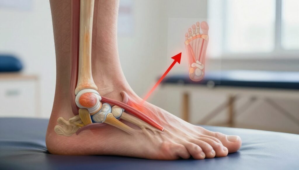 A detailed anatomical illustration showcasing the causes of foot pain due to ligament strains, injuries, and inflammation. In the foreground, focus on a well-defined human foot, highlighting the ligaments, tendons, and areas of inflammation with vibrant colors. Showcase the skeletal structure beneath the skin to emphasize the source of discomfort. In the middle ground, depict subtle overlays of common causative factors such as a strain marked by red arrows and inflammation indicated by a soft glow. The background should feature a softly blurred physical therapy setting, suggesting a clinical environment with soft, natural lighting. Use a wide-angle lens perspective to create depth, evoking a mood of professionalism and educational clarity. A detailed anatomical illustration showcasing the causes of foot pain due to ligament strains, injuries, and inflammation. In the foreground, focus on a well-defined human foot, highlighting the ligaments, tendons, and areas of inflammation with vibrant colors. Showcase the skeletal structure beneath the skin to emphasize the source of discomfort. In the middle ground, depict subtle overlays of common causative factors such as a strain marked by red arrows and inflammation indicated by a soft glow. The background should feature a softly blurred physical therapy setting, suggesting a clinical environment with soft, natural lighting. Use a wide-angle lens perspective to create depth, evoking a mood of professionalism and educational clarity.