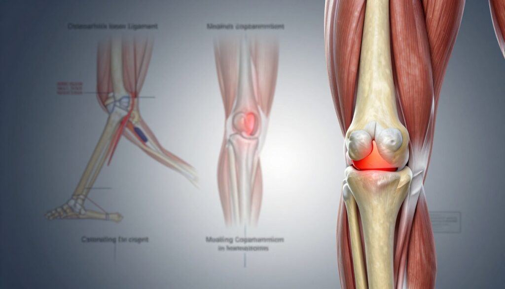 A detailed anatomical illustration showcasing the knee joint with highlighted areas representing the most common causes of knee hematoma. In the foreground, isolate an anatomically accurate model of a knee joint, emphasizing its ligaments, tendons, and surrounding muscles. The middle ground should convey a dynamic composition of osteoarthritis, ligament injuries, and trauma from sports, represented with transparent overlays to visualize the impacted areas. The background features a subtle gradient that hints at clinical diagrams and medical studies, enhancing the educational feel. Use soft, diffused lighting to create a professional atmosphere, with a slight top-down perspective. The overall mood should be informative and serious, aimed at educating the viewer.