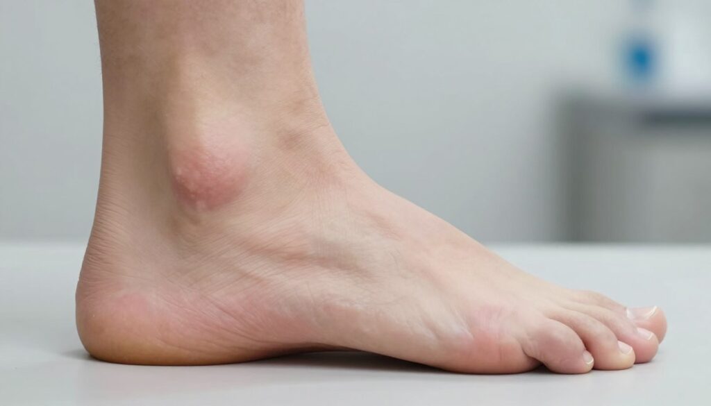 A detailed, anatomically accurate illustration of a human foot from the side, focusing on a transverse flatfoot condition. The foot should be depicted with an exaggerated arch and a wider toe box, showcasing calluses on the ball of the foot. Highlight different skin textures and colors around the calluses, with close-up attention to the flattened arch and the widening at the front. Use natural lighting to accentuate the contours and details, creating a sense of realism. The background should be a soft focus, suggesting a clinical environment with subtle shades of gray. The overall mood should be informative and professional, suitable for educational purposes. Include no text or overlay.