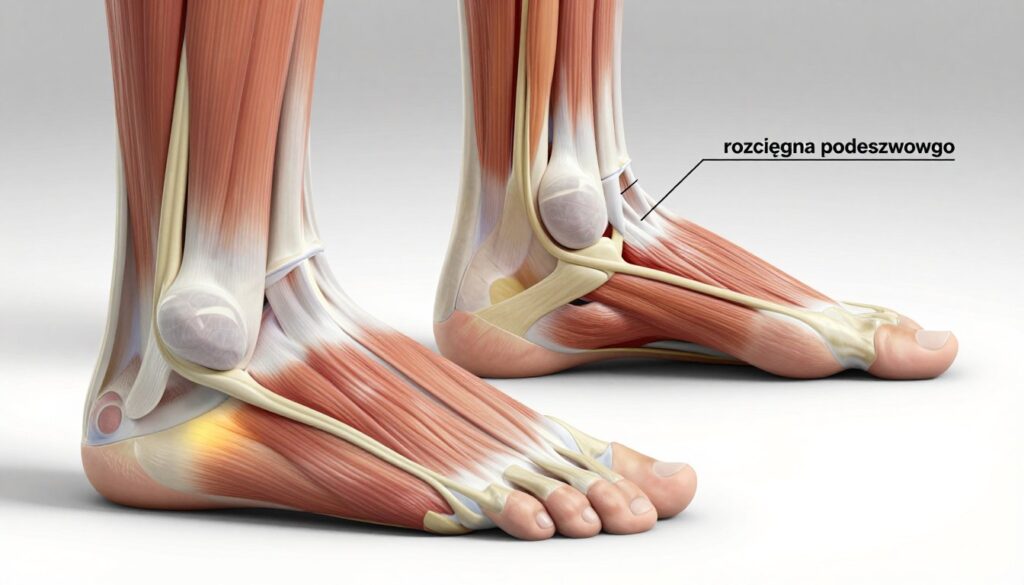 A detailed anatomy illustration of the plantar fascia (rozcięgna podeszwowego), focusing on its structural features and function in foot mechanics. In the foreground, a close-up view of the foot showing highlighted areas of the plantar fascia, with clear labeling of the surrounding muscles and tendons. The middle section captures the foot in a slightly elevated position, allowing visibility of the arch and its alignment. The background features a soft, neutral gradient to enhance focus on the foot structure. The lighting should be bright and even, emphasizing the details of the fascia, with a slight shadow for added depth. The overall mood is educational and professional, aimed at providing insight into foot support and recovery methods for overuse injuries. A detailed anatomy illustration of the plantar fascia (rozcięgna podeszwowego), focusing on its structural features and function in foot mechanics. In the foreground, a close-up view of the foot showing highlighted areas of the plantar fascia, with clear labeling of the surrounding muscles and tendons. The middle section captures the foot in a slightly elevated position, allowing visibility of the arch and its alignment. The background features a soft, neutral gradient to enhance focus on the foot structure. The lighting should be bright and even, emphasizing the details of the fascia, with a slight shadow for added depth. The overall mood is educational and professional, aimed at providing insight into foot support and recovery methods for overuse injuries.