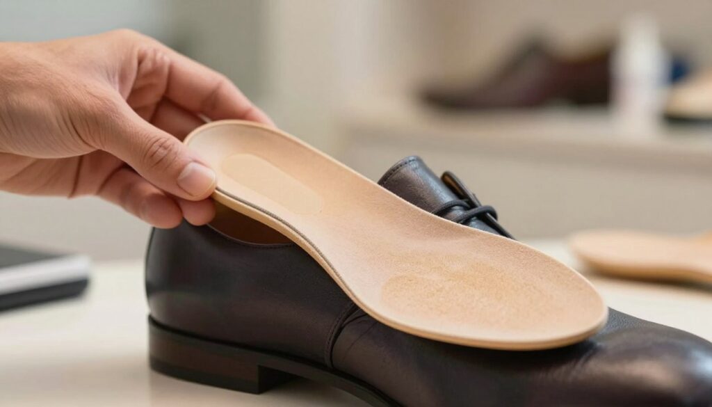 A detailed close-up image of a hand adjusting a shoe insert for flat feet, showcasing a well-fitted orthotic insole nestled inside a stylish yet practical shoe. The foreground features a focus on the texture of the insole, highlighting its cushioning and arch support with clear visibility of materials. In the middle, a well-designed shoe is displayed, emphasizing its supportive structure and proper fit. The background softly blends with a professional-looking environment, perhaps a subtle hint of a shoemaker's workshop or a health clinic, with warm, inviting lighting enhancing the atmosphere. The image conveys a sense of care and professionalism, perfectly illustrating the practical approach to selecting inserts and footwear for comfort and support.