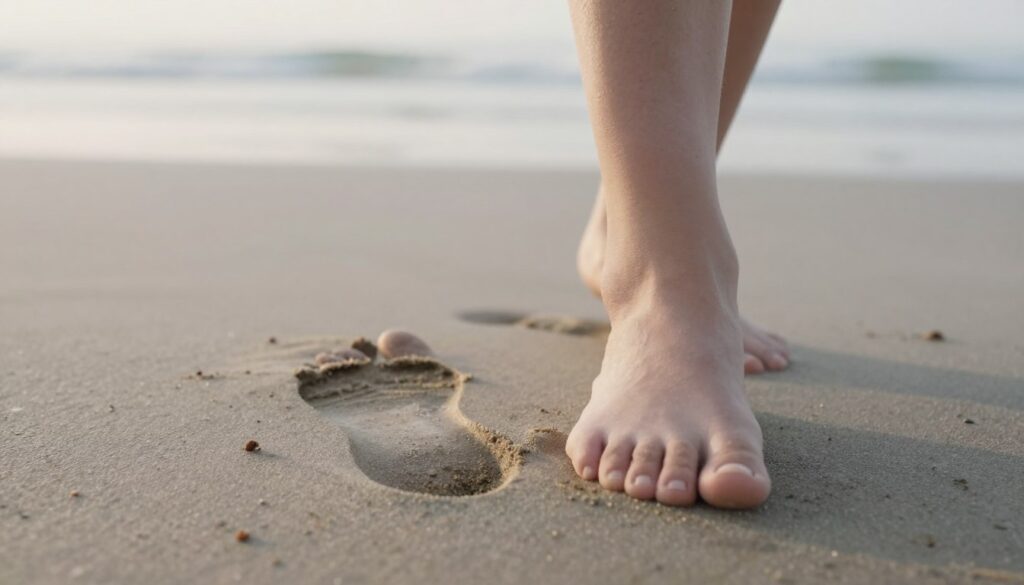 A detailed close-up of a bare foot leaving a wet footprint on a smooth, sandy surface, capturing the unique shape that indicates flat feet. The foreground should focus on the footprint's depth and outline, emphasizing the arch area. In the middle ground, include other footprints to compare and illustrate the variations, while slightly blurring them to keep the focus on the main footprint. The background remains a soft, slightly blurred beach scene with gentle waves lapping at the shore, under soft, early morning light that creates a calm and reflective atmosphere. The overall mood should be one of contemplation and self-assessment, perfect for an informative context.