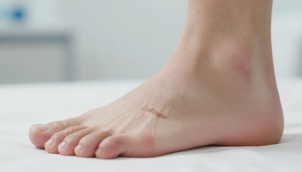 A detailed close-up of a human foot, highlighting the top with a focus on the "śródstopia," or metatarsal area, showcasing the complex structures of bones and tendons. The foot is positioned at a slight angle to clearly exhibit the delicate details. Surrounding the foot is a softly diffused backdrop, using gentle lighting for a clean, clinical atmosphere, reminiscent of a medical setting. The foot appears healthy, but with subtle indicators of tension or discomfort, symbolizing common pain in this area. The overall mood is informative and professional, aiming to educate the viewer on foot health. The shot is captured with a macro lens to emphasize the fine details, ensuring clarity and focus on the foot's anatomy.