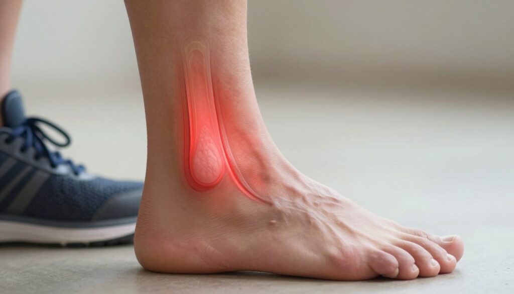 A detailed close-up of an Achilles tendon injury, focusing on an anatomical illustration of the tendon with inflammation highlighted in bright red hues. In the foreground, a foot wearing a professional athletic shoe, positioned on a neutral background to emphasize the tendon area. The middle ground features a subtle gradient to create depth, while the background is blurred to avoid distractions. Soft, natural lighting highlights the texture of the skin and the contours of the foot, giving an educational and clinical ambiance. The angle is slightly from above, capturing the details of the injury while maintaining a professional tone. The overall mood conveys seriousness and the importance of addressing untreated conditions.