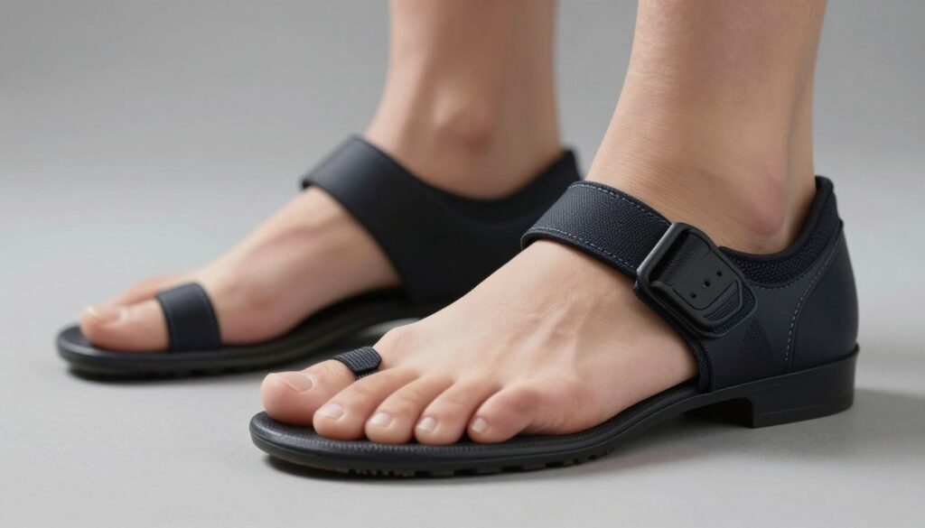 A detailed close-up of orthopedic shoes designed for flat feet, showcasing both transverse and longitudinal arch support features. The foreground features a pair of sleek, modern shoes with a focus on their cushioned insoles, arch support structures, and ergonomic design, specifically highlighting their breathable materials and adjustable straps. In the middle, display a neutral background that emphasizes the shoes, with soft lighting that highlights their contours and textures. The atmosphere should be professional and inviting, suggesting comfort and functionality. Utilize a slight downward angle to convey depth, ensuring that no additional elements distract from the footwear, creating an image that embodies comfort and support for individuals with flat feet.