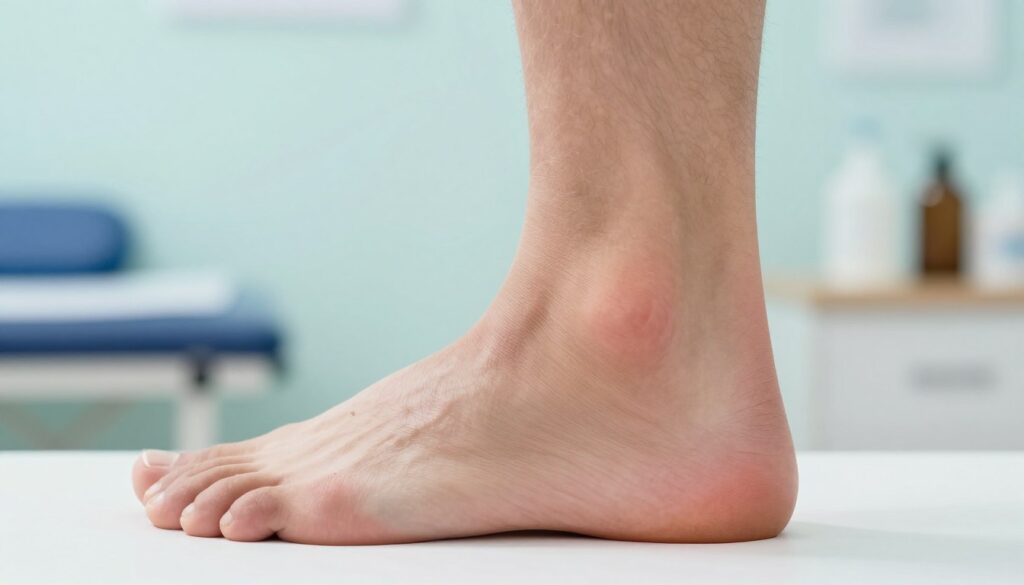 A detailed close-up view of a human ankle depicting signs of Achilles tendonitis, showcasing swelling and inflammation. A well-defined foot is anchoring the image, with the Achilles tendon area slightly highlighted to emphasize the problem area. In the background, a subtle blurred medical examination room with soft, natural lighting creates a professional atmosphere. The focus is sharp on the ankle, while a soothing, blurred gradient of blues and greens in the background conveys a sense of calm and healing. The overall mood should be informative and clinical yet approachable, reflecting the serious nature of the condition while providing a sense of hope for recovery. Notably, there are no human subjects in the image, ensuring a focus solely on the anatomical details.