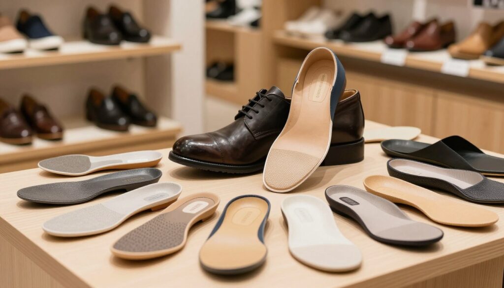 A detailed composition showcasing an array of orthotic insoles (wkładki) designed for both transverse and longitudinal flatfoot support. In the foreground, a variety of insoles are artfully arranged, highlighting different materials, textures, and shapes to represent their functionality. The middle ground features a thoughtfully placed pair of stylish, professional shoes, open slightly to reveal the insoles inside, emphasizing the importance of the fit. The background shows a warm, welcoming shoe store interior with wooden shelves displaying additional footwear options, creating an inviting and informative atmosphere. Soft, natural lighting enhances the colors and textures of the insoles, while a shallow depth of field focuses attention on the details of the products, promoting an engaging and educational perspective.