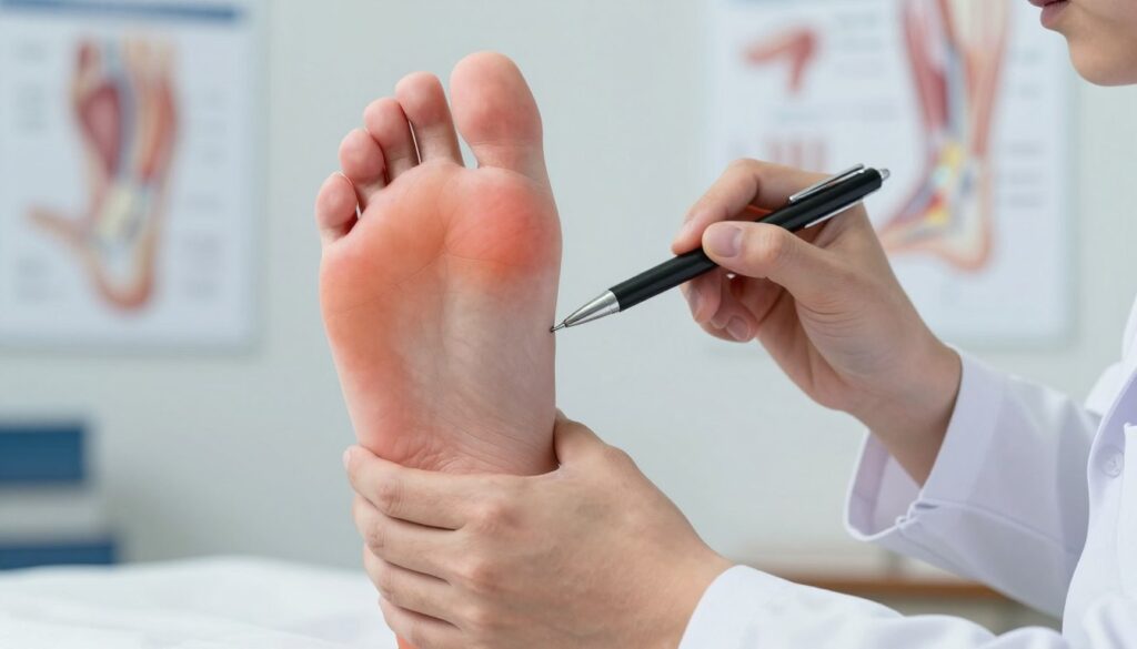A detailed illustration depicting inflammation of the plantar fascia, focusing on the human foot in the foreground. Show a medical professional examining the foot, wearing a white lab coat and using a pen to point at an anatomical diagram of the foot structure, highlighting the plantar fascia area. The background features soft, diffused lighting to create a clinical atmosphere with medical charts and diagrams subtly displayed on the wall. Incorporate a close-up view to emphasize the foot's arch and the inflamed tissue, showcasing redness and swelling. The mood should be informative and professional, capturing the serious nature of foot pain and inflammation. A detailed illustration depicting inflammation of the plantar fascia, focusing on the human foot in the foreground. Show a medical professional examining the foot, wearing a white lab coat and using a pen to point at an anatomical diagram of the foot structure, highlighting the plantar fascia area. The background features soft, diffused lighting to create a clinical atmosphere with medical charts and diagrams subtly displayed on the wall. Incorporate a close-up view to emphasize the foot's arch and the inflamed tissue, showcasing redness and swelling. The mood should be informative and professional, capturing the serious nature of foot pain and inflammation.