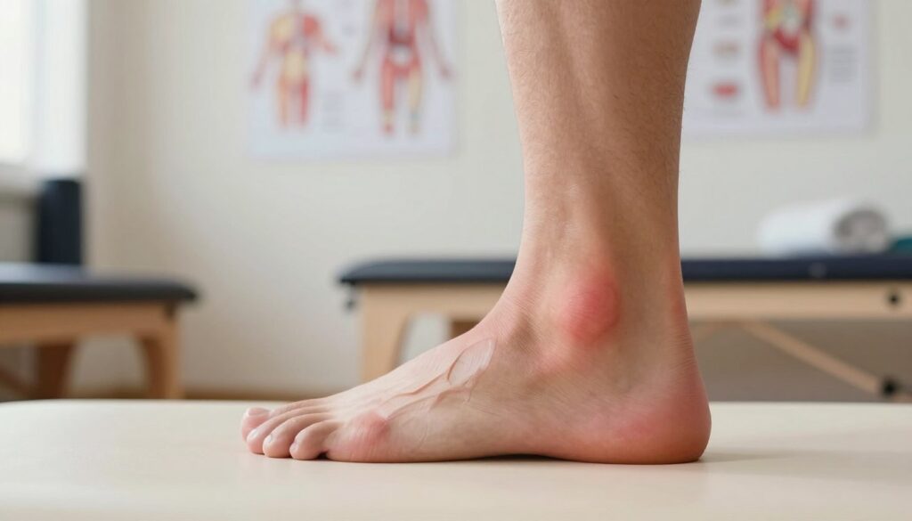 A detailed illustration focusing on a close-up view of a human ankle area showing the Achilles tendon, depicting signs of pain and strain. The foreground captures the ankle with slight swelling and redness, highlighting the tendon. In the middle ground, various anatomical illustrations can subtly depict common injuries, like tendonitis or tears. The background features a softly blurred physical therapy environment with exercise equipment and charts on wall, indicating recovery. Utilize warm, natural lighting to create a sense of hope and healing, with a shallow depth of field to emphasize the injured area. The scene should exude a calm, professional atmosphere, showcasing the seriousness of the condition while encouraging recovery.