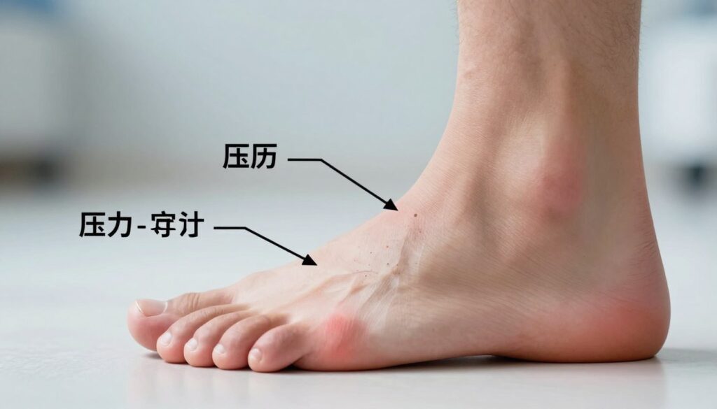 A detailed illustration focusing on the foot anatomy, specifically the area under the big toe, where pain is often felt. In the foreground, a close-up view of a human foot in a neutral position, showing the padding beneath the big toe clearly, with a subtle emphasis on redness or discomfort indicators. The middle section includes anatomical markers like arrows or labels highlighting common causes of pain, such as pressure points and biomechanical stress. The background should be a softly blurred gradient, evoking a clinical atmosphere with cool light. Use natural lighting to illuminate the foot, creating a sharp visual contrast against the background, and employ a 50mm lens perspective for realistic detail. The mood is informative and educational, aimed at conveying an understanding of foot health.