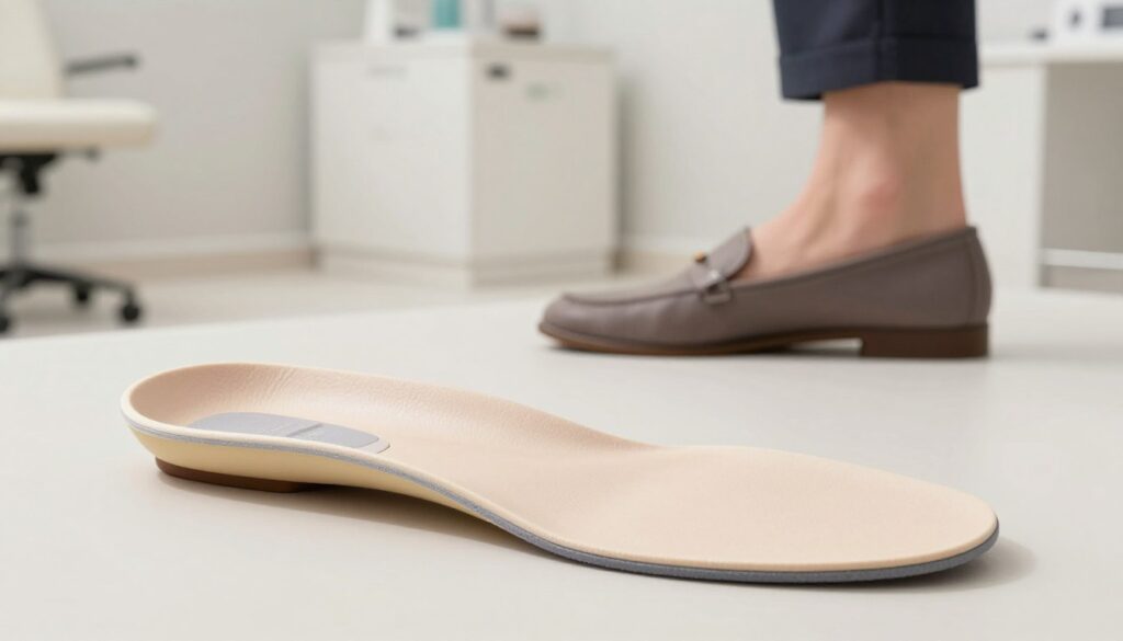 A detailed illustration of a Scholl flat foot insole, prominently displayed in the foreground. The insole is made of soft, supportive material designed for transverse flatfoot, showcasing its unique contour and arch support features. In the middle ground, a foot wearing a stylish, comfortable shoe emphasizes the correct fit and functionality of the insole. The background features a minimalist, modern clinic environment with neutral tones and soft lighting, creating an atmosphere of professionalism and care. The focus is on the insole and foot, captured from a slightly elevated angle to highlight both the product's design and its practical application. No text, logos, or captions are included in the image, ensuring a clean and clear representation.