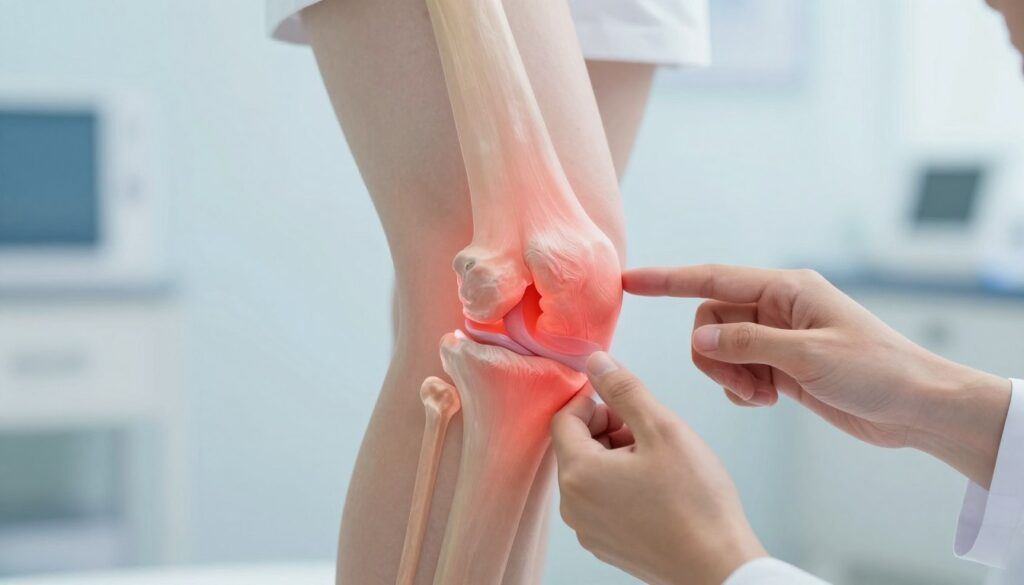 A detailed illustration of a human knee joint, focusing on the knee's interior to prominently show inflammation. The knee should be depicted in a semi-transparent view, highlighting swollen tissues, cartilage deterioration, and visible redness to indicate inflammation. In the foreground, a pair of professional, modestly dressed hands, perhaps with a light skin tone, gently pointing at the knee, symbolizing examination or treatment. The background should fade into a soft, clinical blue tone, reinforcing a medical environment. The lighting should be bright and even, simulating a doctor's office, with a slight focus blur on the background to keep the viewer's attention on the knee. The overall mood should be informative and professional, aimed at educating viewers on the condition.