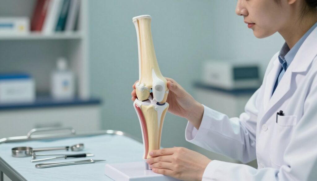 A detailed illustration of a knee joint model, showcasing the anatomy and structure of the "staw kolanowego" (knee joint) in a clinical setting. In the foreground, focus on a realistic anatomical model of the knee, emphasizing ligaments, cartilage, and bones, meticulously detailed for educational purposes. A professional-looking healthcare practitioner in a white lab coat examines the model, radiating an atmosphere of expertise and care. The middle ground features a surgical setup with tools neatly organized, highlighting the medical context. In the background, soft lighting casts a calm ambiance in the clinic, with blurred shelves of medical books and equipment to create depth. Capture this scene from a slightly elevated angle to engage viewers and enhance the informative tone of the image. A detailed illustration of a knee joint model, showcasing the anatomy and structure of the "staw kolanowego" (knee joint) in a clinical setting. In the foreground, focus on a realistic anatomical model of the knee, emphasizing ligaments, cartilage, and bones, meticulously detailed for educational purposes. A professional-looking healthcare practitioner in a white lab coat examines the model, radiating an atmosphere of expertise and care. The middle ground features a surgical setup with tools neatly organized, highlighting the medical context. In the background, soft lighting casts a calm ambiance in the clinic, with blurred shelves of medical books and equipment to create depth. Capture this scene from a slightly elevated angle to engage viewers and enhance the informative tone of the image.