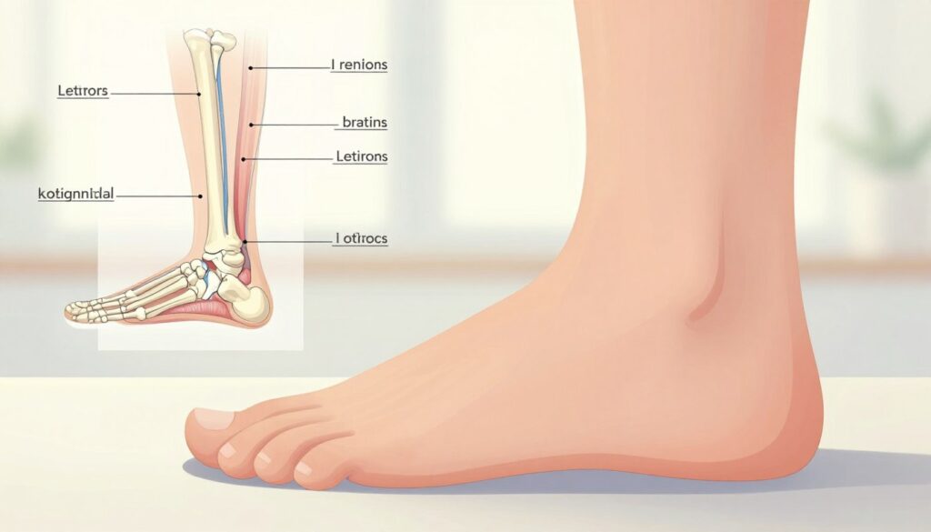 A detailed illustration of a longitudinal flatfoot, showcasing a human foot from a side angle, highlighting the arch's absence. The foreground includes an anatomically accurate foot resting on a flat surface, with clear emphasis on the arch area to show its flattening. The middle ground features a diagrammatic representation of the skeletal structure, with labels pointing to key areas affected by longitudinal flatfoot. In the background, a soft, diffuse light illuminates the scene to create a clinical yet approachable atmosphere, reflecting an educational context. The colors should be soft pastels for a calming effect, ensuring the focus remains on the foot and its anatomical details, while the overall composition is harmonious and visually informative.
