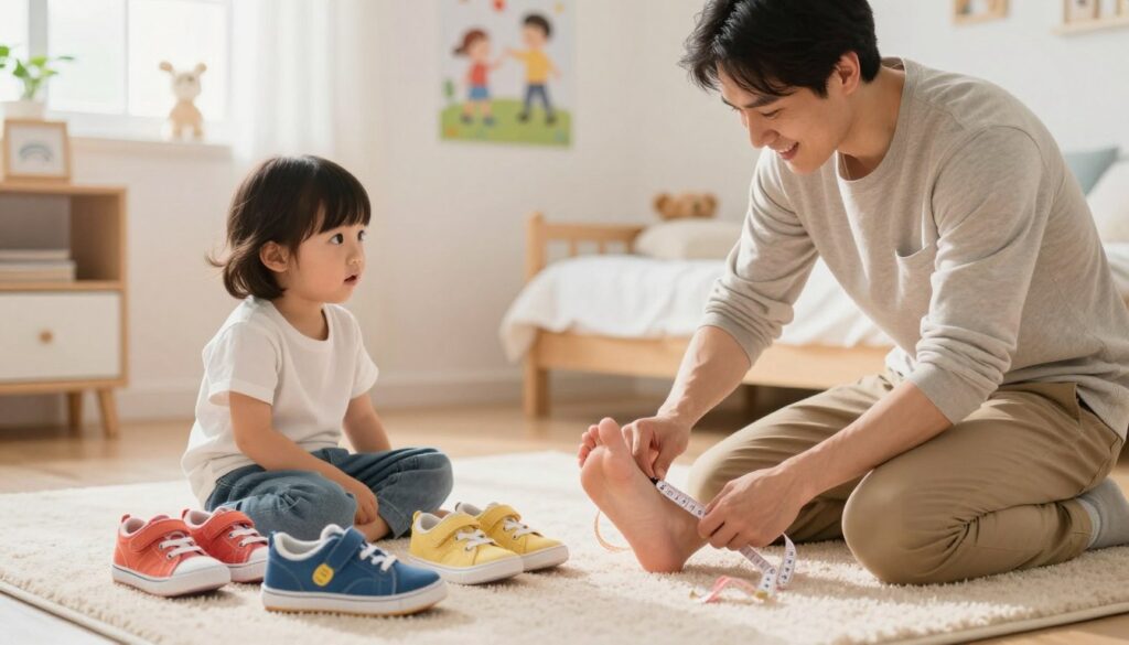 A detailed illustration of a parent measuring a child's foot using a flexible measuring tape in a cozy, well-lit room. In the foreground, the parent, dressed in comfortable casual clothing, kneels beside the child who is sitting on a soft rug, looking curious and engaged. In the middle, a colorful selection of supportive children's shoes is displayed, with several pairs visibly labeled with size indicators. The background is softly blurred, depicting a cheerful children's bedroom, with posters of active children playing. The atmosphere is warm and inviting, suggesting a nurturing environment for finding the right footwear. The lighting is natural, streaming through a window, creating a bright and cheerful mood that emphasizes the importance of proper fit in children's shoes.