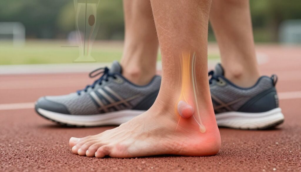 A detailed illustration of a runner's foot experiencing nerve compression issues, depicted in a clinical setting. In the foreground, focus on the runner's foot, showing clear anatomical features and signs of stress, such as redness or swelling. The middle layer features a pair of well-worn running shoes, indicating a recent run, and a diagrammatic representation of the affected nerves subtly integrated into the background. The background should be softly blurred to maintain focus on the foot and shoes, yet suggest a running track or a peaceful park environment. Use warm, natural lighting to evoke a sense of urgency and concern while maintaining a professional tone. Frame the scene with a slight downward angle to emphasize the foot's condition and the impact of nerve compression on athletic performance. A detailed illustration of a runner's foot experiencing nerve compression issues, depicted in a clinical setting. In the foreground, focus on the runner's foot, showing clear anatomical features and signs of stress, such as redness or swelling. The middle layer features a pair of well-worn running shoes, indicating a recent run, and a diagrammatic representation of the affected nerves subtly integrated into the background. The background should be softly blurred to maintain focus on the foot and shoes, yet suggest a running track or a peaceful park environment. Use warm, natural lighting to evoke a sense of urgency and concern while maintaining a professional tone. Frame the scene with a slight downward angle to emphasize the foot's condition and the impact of nerve compression on athletic performance.
