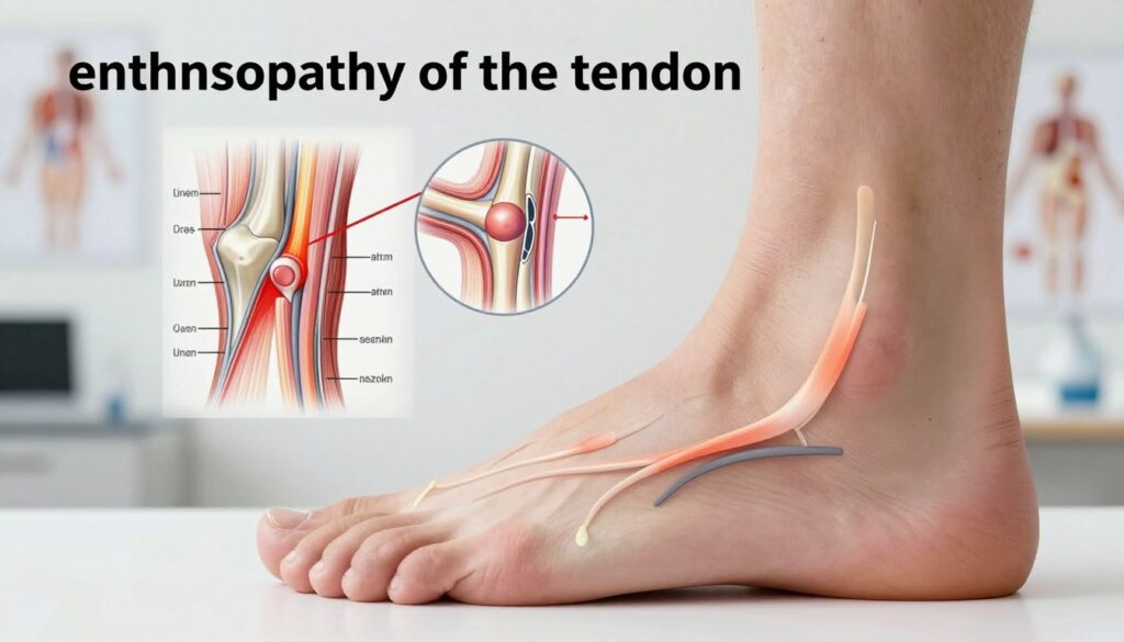 A detailed illustration of "enthesopathy of the tendon," focusing on the foot and its various structures. In the foreground, a close-up view of a human foot, showcasing highlighted tendons and connections at the regions most affected by enthesopathy. The middle ground includes anatomical diagrams superimposed, depicting inflammation around the tendon attachments. The background features subtle hints of a clinical environment, like a blurred doctor's office or anatomical charts. Soft, diffused lighting illuminates the foot, creating a clinical yet informative atmosphere. The overall mood is educational and professional, aiming to convey the seriousness of foot pathologies without any distractions or unnecessary elements.