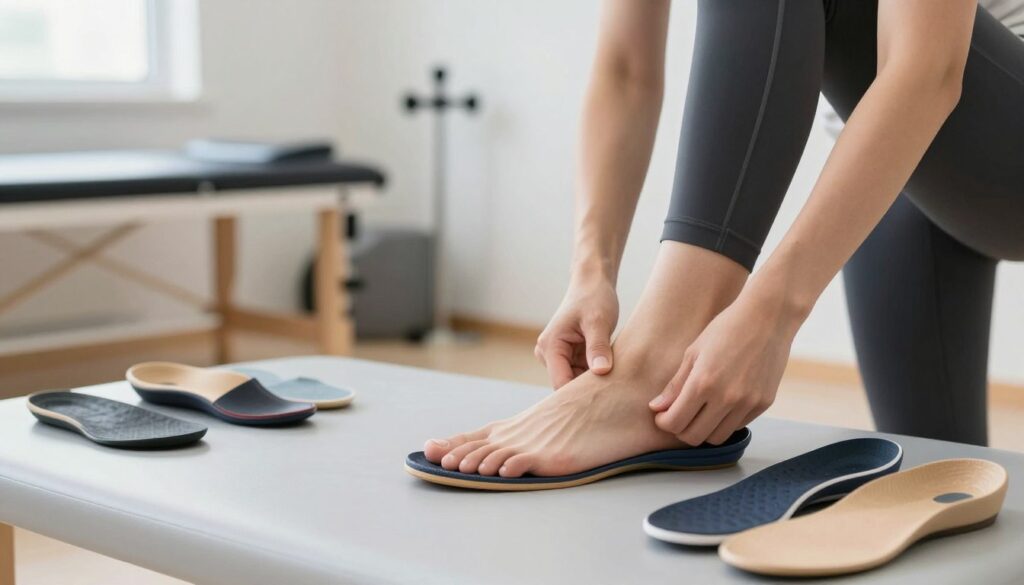 A detailed illustration of foot stabilization techniques, focused on orthotics, insoles, and exercises supporting ligaments. In the foreground, a well-fit orthotic device is displayed on a clean, sterile surface, surrounded by supportive insoles in various colors. In the middle ground, a person is demonstrating exercises for foot stability, dressed in professional athletic attire, focusing on their foot's alignment and flexibility. The background features a softly blurred therapy clinic environment with exercise equipment, enhancing the context of rehabilitation. Soft, natural lighting illuminates the scene, creating a calming atmosphere, with a slight focus depth to emphasize the orthotic products and exercises. The overall mood conveys hope and recovery, illustrating effective methods for foot ligament support. A detailed illustration of foot stabilization techniques, focused on orthotics, insoles, and exercises supporting ligaments. In the foreground, a well-fit orthotic device is displayed on a clean, sterile surface, surrounded by supportive insoles in various colors. In the middle ground, a person is demonstrating exercises for foot stability, dressed in professional athletic attire, focusing on their foot's alignment and flexibility. The background features a softly blurred therapy clinic environment with exercise equipment, enhancing the context of rehabilitation. Soft, natural lighting illuminates the scene, creating a calming atmosphere, with a slight focus depth to emphasize the orthotic products and exercises. The overall mood conveys hope and recovery, illustrating effective methods for foot ligament support.
