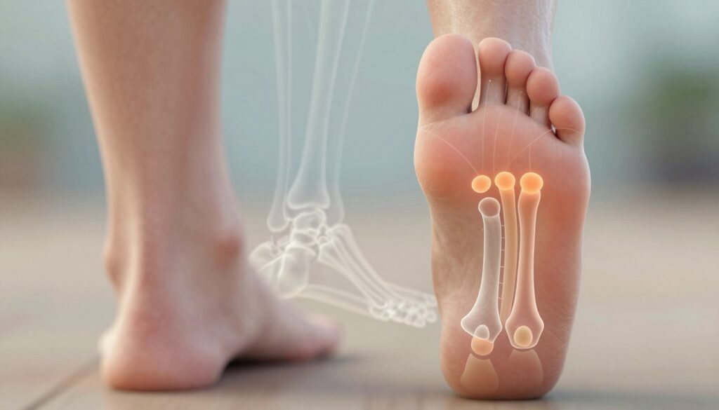 A detailed illustration of the receptors on human feet, focusing on the anatomy of the right and left foot. In the foreground, a close-up view of the soles of both feet, with an emphasis on the locations of pain receptors illuminated with soft, warm lighting to highlight the texture of the skin. The middle ground features a subtle outline of the foot bones and musculature, showcasing the connection to the receptors, depicted in a light gradient to guide the viewer's eye. The background is softly blurred with a calming gradient, creating a serene atmosphere that encourages exploration of the foot's anatomy. The overall mood is educational and informative, aimed at enhancing understanding of foot sensitivity and receptor mapping.