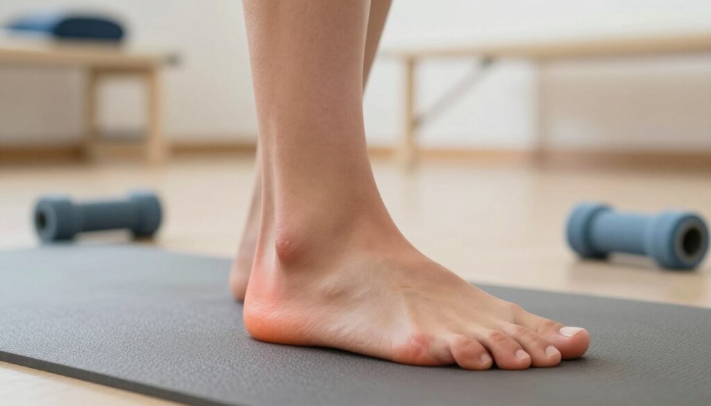 A detailed illustration of the symptoms and consequences of forefoot overuse, specifically focusing on conditions like metatarsalgia and plantar fasciitis. In the foreground, depict a close-up of a foot struggling in moderate pain, showcasing slight inflammation around the toes and arch. The middle ground features a subtle representation of yoga mats and small exercise equipment, hinting at therapeutic exercises. In the background, a blurred indoor setting resembling a physical therapy clinic is visible, with warm lighting creating a calming atmosphere. Use a shallow depth of field to emphasize the foot while maintaining a professional and educational tone. The overall mood should be informative and supportive, with an emphasis on healing and awareness.