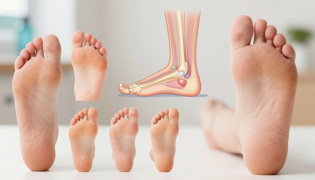 A detailed illustration showcasing various types of calluses on feet. In the foreground, focus on a close-up of a foot with different types of calluses, including hard, soft, and blistered areas, varying in texture and color. In the middle ground, include a gentle gradient of skin tones to represent diverse foot shapes, and include a medical illustration depicting the anatomy of the foot, emphasizing areas commonly affected by calluses. The background should be a softly blurred clinical setting, creating a professional, informative atmosphere. Utilize warm, natural lighting to convey a sense of care and healing, shot from a slightly elevated angle to capture both the foot and the anatomical details clearly. A detailed illustration showcasing various types of calluses on feet. In the foreground, focus on a close-up of a foot with different types of calluses, including hard, soft, and blistered areas, varying in texture and color. In the middle ground, include a gentle gradient of skin tones to represent diverse foot shapes, and include a medical illustration depicting the anatomy of the foot, emphasizing areas commonly affected by calluses. The background should be a softly blurred clinical setting, creating a professional, informative atmosphere. Utilize warm, natural lighting to convey a sense of care and healing, shot from a slightly elevated angle to capture both the foot and the anatomical details clearly.
