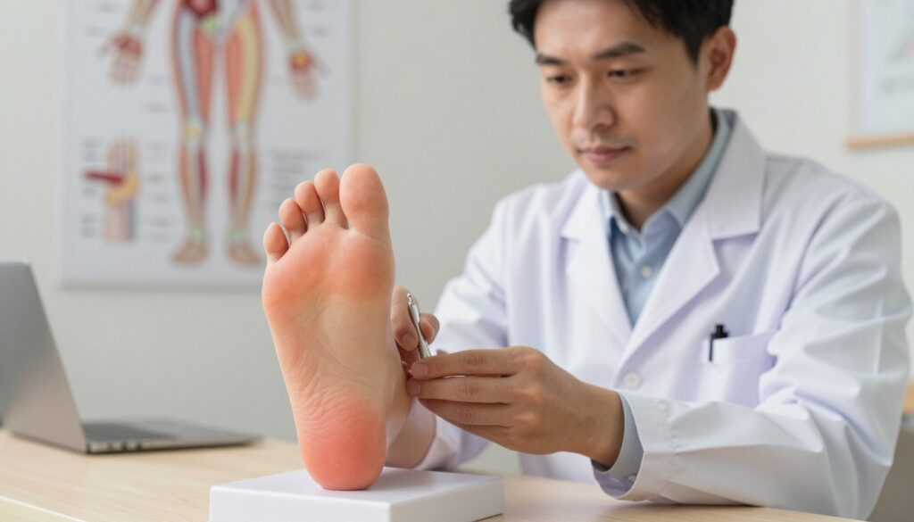 A detailed illustration showing the effects of "soft tissue disturbances" on a human foot, emphasizing the signs of strain and overload injuries. In the foreground, focus on a professional medical examination scene with a close-up view of a foot model, showcasing swelling and redness in soft tissues. The middle layer should include a doctor in a lab coat, examining the foot with a medical tool, demonstrating a caring demeanor. The background features an anatomical chart displaying the human foot's soft tissues and common injury points. Soft, warm lighting enhances the professional atmosphere, conveying a sense of seriousness and care, while a shallow depth of field ensures the focus remains on the foot and the doctor.