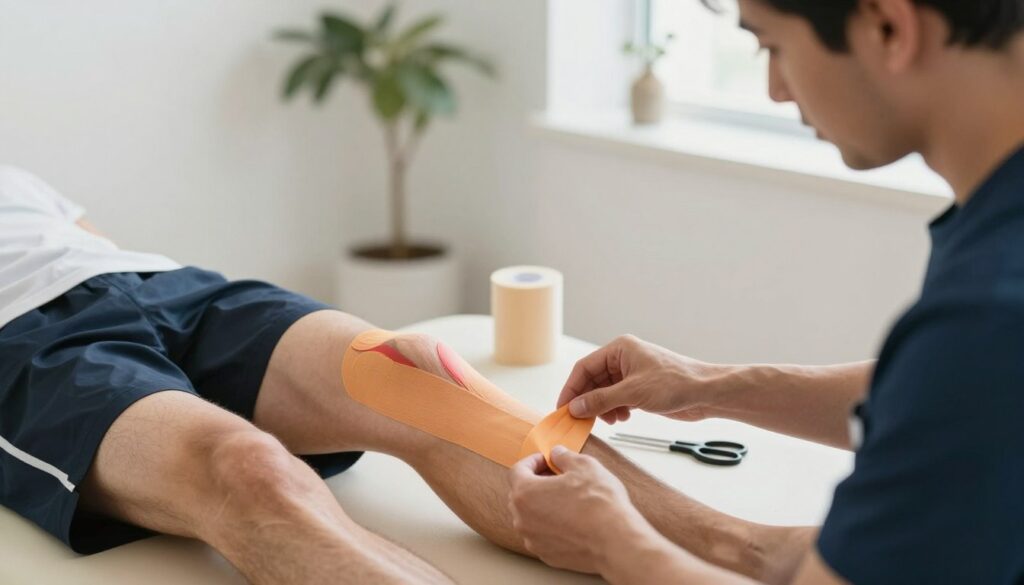 A detailed instructional scene illustrating the step-by-step process of applying kinesiology tape to the biceps femoris muscle (hamstring) on a male athlete. The foreground features a close-up view of a physical therapist demonstrating taping techniques on a male model, who is dressed in modest athletic wear. The therapist is focused and methodical, showcasing different tape applications. In the middle, a roll of kinesiology tape and scissors are visible on a table, emphasizing the tools needed for taping. The background shows a bright and well-organized clinic, enhancing the professional atmosphere. Soft, natural lighting highlights the details of the taping process, creating a positive and informative mood. The camera angle is slightly elevated, capturing both the therapist and the model.