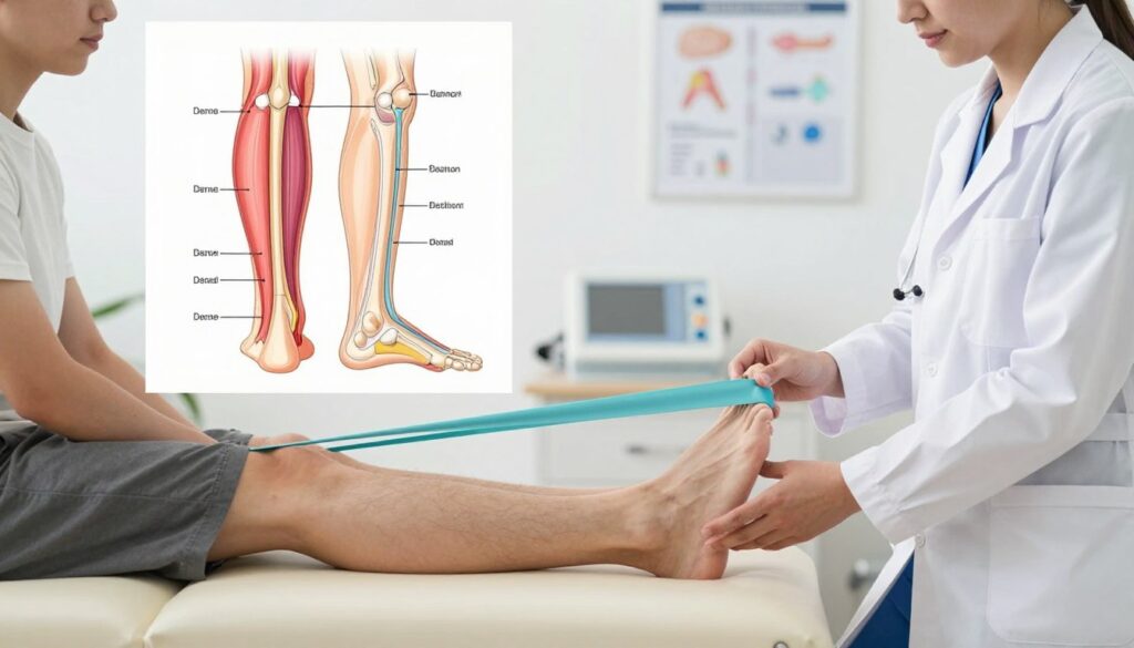 A detailed medical illustration representing the treatment of Achilles tendon inflammation. In the foreground, depict a healthcare professional in a white coat examining a patient's foot and ankle, both wearing modest casual attire. The professional is demonstrating rehabilitative exercises with a resistance band, emphasizing physical therapy techniques for conditions like tendinopathy. The middle ground features anatomical diagrams of the Achilles tendon, showcasing common issues such as tendon inflammation and tears. In the background, create a softly lit clinical environment, with subtle medical equipment and charts visible, ensuring a clean and professional atmosphere. Use soft, diffused lighting to enhance the calm and informative mood of the image, capturing the essence of conservative and surgical treatment approaches. A detailed medical illustration representing the treatment of Achilles tendon inflammation. In the foreground, depict a healthcare professional in a white coat examining a patient's foot and ankle, both wearing modest casual attire. The professional is demonstrating rehabilitative exercises with a resistance band, emphasizing physical therapy techniques for conditions like tendinopathy. The middle ground features anatomical diagrams of the Achilles tendon, showcasing common issues such as tendon inflammation and tears. In the background, create a softly lit clinical environment, with subtle medical equipment and charts visible, ensuring a clean and professional atmosphere. Use soft, diffused lighting to enhance the calm and informative mood of the image, capturing the essence of conservative and surgical treatment approaches.
