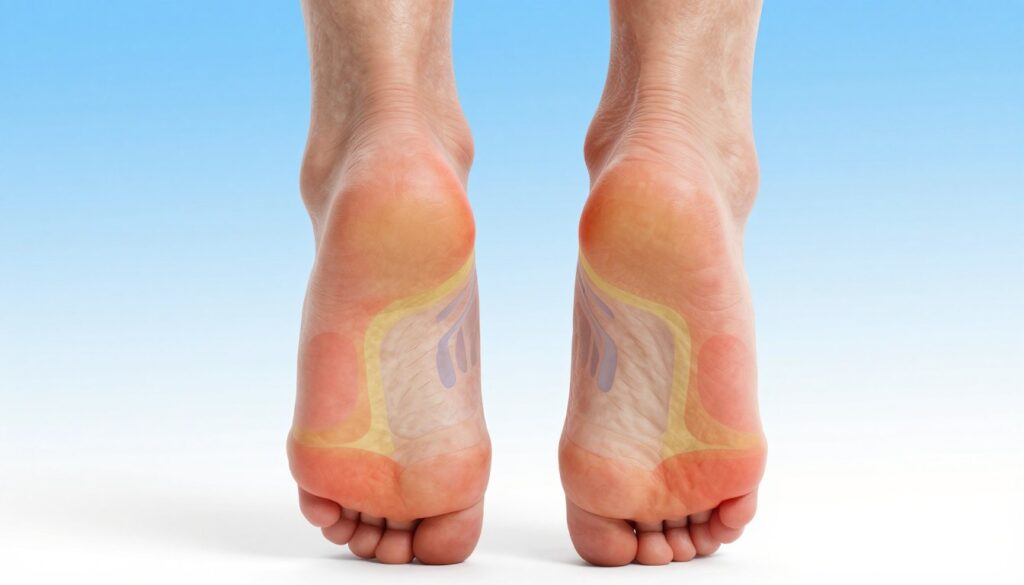 A detailed pain map of the feet, illustrating various pressure points and corresponding ailments. In the foreground, a realistic anatomical depiction of a pair of feet, shown from a top-down view, with highlighted areas in vibrant colors indicating different pain zones. In the middle, a soft gradient background that transitions from light blue to white, creating a serene and medical atmosphere. Subtle shadowing beneath the feet adds depth and realism. The lighting is bright and even, enhancing the clarity of the foot details and the pain zones. The overall mood conveys professionalism and informative clarity, suitable for educational purposes. The image should be free of any text, captions, or brands.