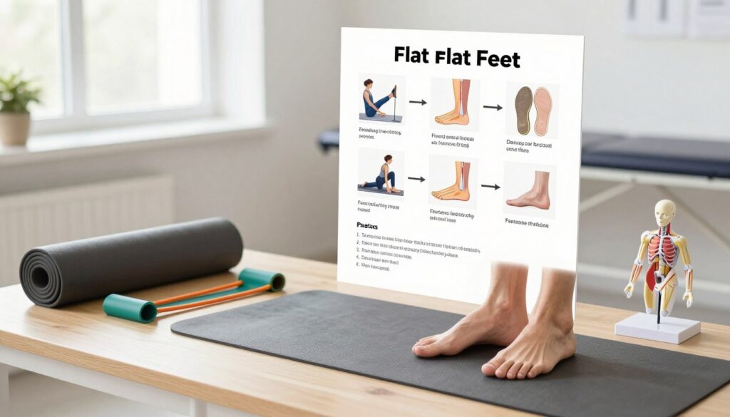 A detailed plan for treating flat feet, depicted in a clean, informative style. In the foreground, a well-organized workspace featuring exercise equipment such as resistance bands, a yoga mat, and anatomical models of feet illustrating proper alignment. In the middle ground, a simplistic chart showcasing a step-by-step action plan with images of exercises and insoles. The background includes soft, natural lighting filtering through a window, enhancing the serene atmosphere of a physiotherapy clinic. Utilize a slightly elevated angle to give a comprehensive view of the workspace. The mood is professional and motivating, encouraging an effective approach to treatment for flat feet without distractions or clutter. A detailed plan for treating flat feet, depicted in a clean, informative style. In the foreground, a well-organized workspace featuring exercise equipment such as resistance bands, a yoga mat, and anatomical models of feet illustrating proper alignment. In the middle ground, a simplistic chart showcasing a step-by-step action plan with images of exercises and insoles. The background includes soft, natural lighting filtering through a window, enhancing the serene atmosphere of a physiotherapy clinic. Utilize a slightly elevated angle to give a comprehensive view of the workspace. The mood is professional and motivating, encouraging an effective approach to treatment for flat feet without distractions or clutter.