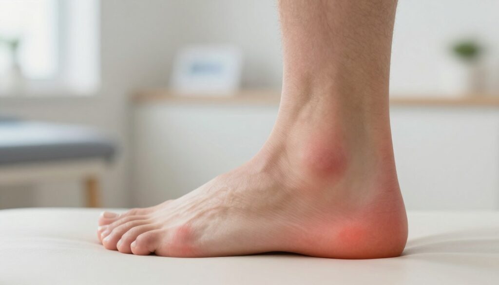 A detailed view of a human foot with highlighted areas showing pain in the midfoot, specifically around the metatarsals. The foot is positioned at a slight angle to reveal the structure clearly, showcasing redness and slight swelling in the affected areas. The background features a soft, blurred medical consultation room with soothing, neutral colors, conveying a calm atmosphere. Bright, natural lighting illuminates the foot, enhancing the details of the skin and any signs of discomfort. The focus is sharp on the foot while the background remains soft, creating a sense of emphasis on the subject. The image is professional, suitable for educational purposes, without any text or distracting elements.