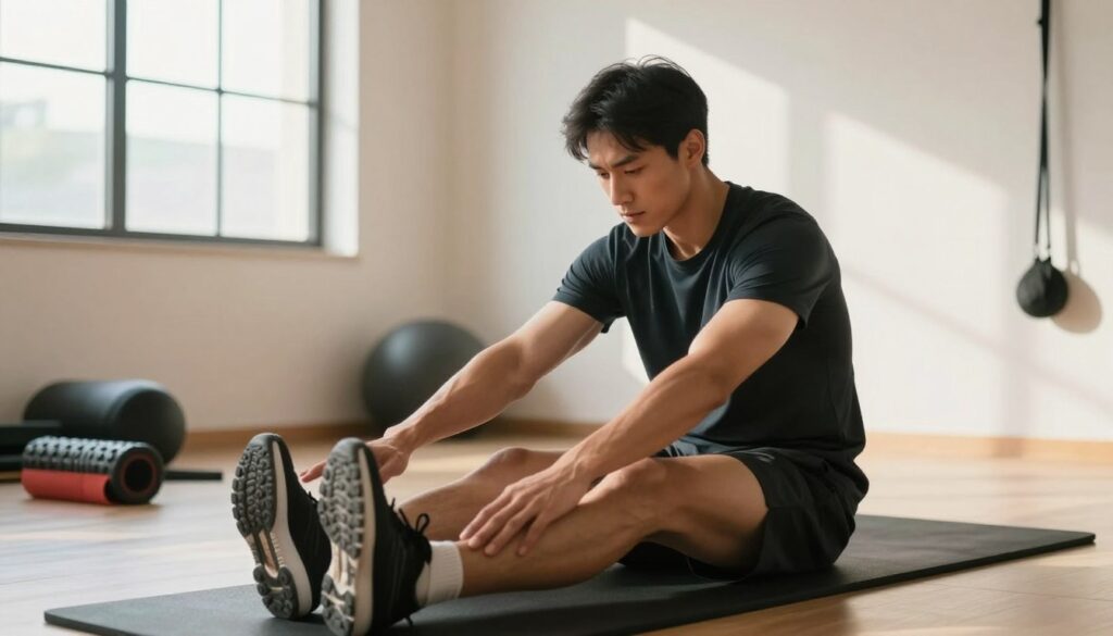 A determined athlete in modest athletic clothing recovering from a hamstring strain, performing light rehabilitation exercises. In the foreground, the athlete is seated on a gym mat, stretching carefully, with focused expressions portraying effort and resilience. The middle ground features exercise equipment like resistance bands and foam rollers arranged neatly. In the background, a bright gym with large windows allows natural light to flood the space, creating a warm and hopeful atmosphere. Soft shadows play on the walls, emphasizing a sense of calm determination. The overall mood conveys a blend of caution, motivation, and a safe approach to returning to training after injury, encouraging viewers to consider their own recovery journeys.