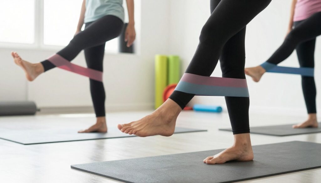 A dynamic fitness scene focusing on foot exercises for flat feet, featuring a diverse group of individuals performing various foot-strengthening movements. In the foreground, a person in modest athletic wear is seen balancing on one foot while the other is flexed, showcasing proper technique. In the middle ground, two individuals are using resistance bands to perform toe extensions and strengthening exercises, highlighting engagement and concentration. The background includes soft gym mats and colorful exercise props, creating a bright and inviting atmosphere, illuminated by natural light coming from large windows. The composition captures a sense of determination and health, emphasizing the importance of strengthening foot muscles in a professional and encouraging environment.