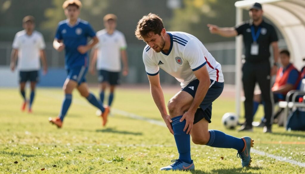 A dynamic scene depicting a soccer player, a man in a sports jersey and shorts, experiencing an Achilles tendon injury during a game. In the foreground, capture his expression of pain and focus as he holds his ankle. The middle ground features an athletic field with blurred teammates in action, emphasizing movement and urgency. In the background, a coaching staff member observes, signaling for medical assistance. The lighting is bright and natural, suggesting mid-afternoon sunshine, enhancing the urgency of the moment. Use a slightly low angle to give a dramatic sense of the injury's impact. The mood is tense, showcasing the physical challenges athletes face and the importance of awareness of injuries.
