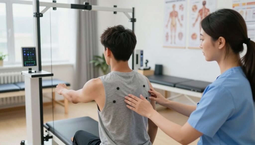 A dynamic scene of functional and biomechanical assessment in a clinical setting, showcasing a healthcare professional conducting an evaluation of an athlete's movement. The foreground features a focused therapist observing the athlete performing a series of movements, capturing the attention to detail in their posture and biomechanics. In the middle ground, a high-tech motion analysis system is set up, with markers on the athlete's leg and an array of sensors. The background features a modern rehabilitation room, equipped with exercise equipment and anatomical posters. Soft, natural lighting enhances the clinical yet inviting atmosphere, while a slight depth of field draws focus to the subjects. The overall mood conveys professionalism, precision, and the integration of technology in movement diagnostics.