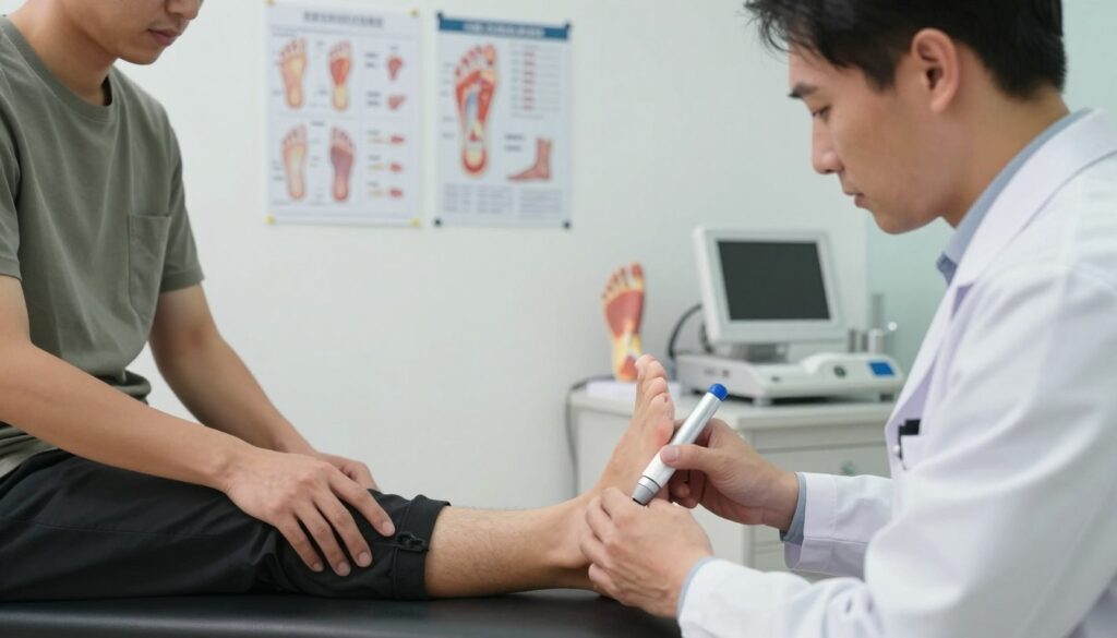 A focused and professional scene in a medical clinic showcasing a podiatrist’s consultation on foot pain. In the foreground, a thoughtful podiatrist, dressed in a white coat, examines a patient's foot with a diagnostic tool, emphasizing the midfoot area. The patient, wearing modest casual clothing, displays visible discomfort. In the middle ground, various medical charts and diagrams of foot anatomy are pinned on a wall, illustrating symptoms and treatment options. The background features a modern clinic setting, with medical equipment and an anatomical foot model. Soft, natural lighting enhances the atmosphere of professionalism and care. The camera angle is slightly above eye level, creating an informative yet empathetic mood, perfect for conveying the importance of seeking medical advice for midfoot pain.