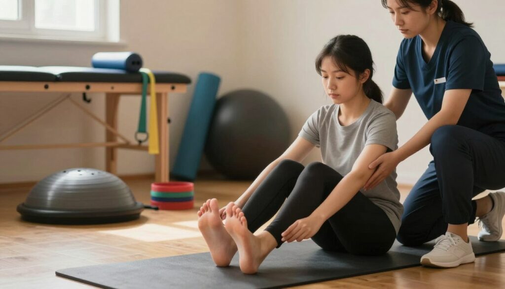 A focused and serene indoor environment showcasing a physical therapy session dedicated to exercises for flatfoot (płaskostopie). In the foreground, a person in modest athletic clothing is demonstrating a specific foot exercise, highlighting proper form and technique. Their face expresses concentration and determination. To the side, a physical therapist, also in professional attire, observes and provides guidance. In the middle ground, exercise equipment like balance boards and resistance bands are neatly arranged, emphasizing a training atmosphere. The background features warm, soft lighting, enhancing a calm and supportive feel. The overall atmosphere should convey a sense of professionalism, encouragement, and focus on rehabilitation.