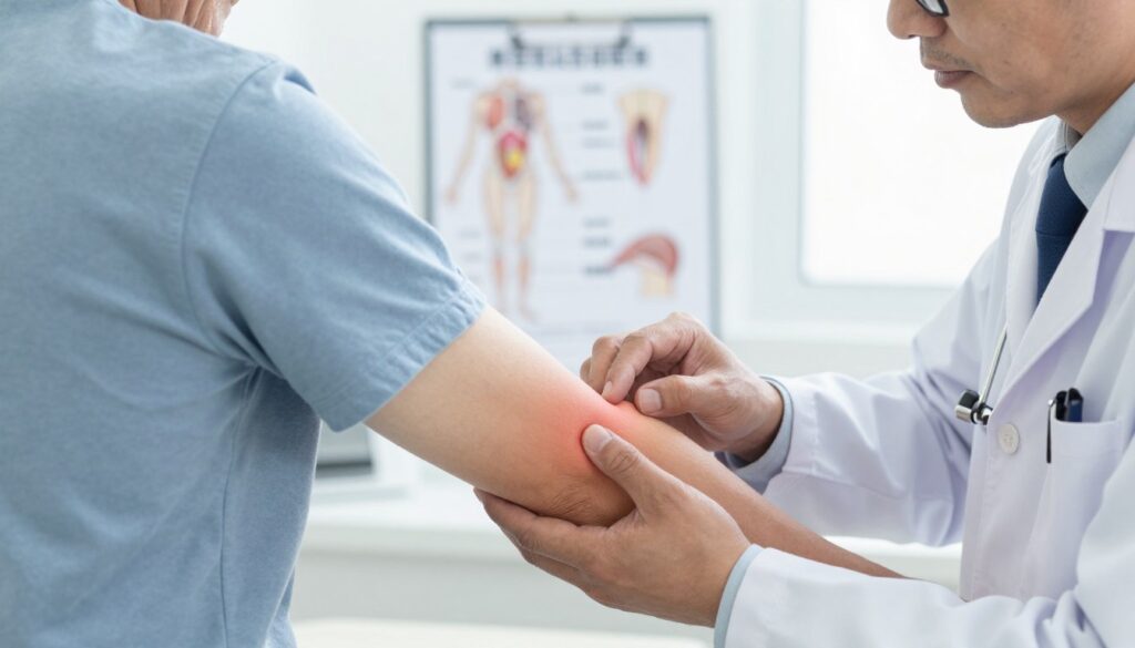 A focused illustration of a medical professional examining a patient's arm with visible signs of bicep tendonitis. In the foreground, the arm of a middle-aged person in a short-sleeved shirt is prominently featured, showing slight swelling around the elbow area. The doctor, dressed in a white lab coat and wearing glasses, gently palpates the bicep. In the middle ground, medical charts detailing the anatomy of the bicep tendon and its functions are partially visible, emphasizing the connection to pain causes. The background is a well-lit clinical setting with soft, diffused lighting, creating an atmosphere of professionalism and care. The angle is slightly elevated, providing a clear view of the interaction while maintaining a clinical focus.