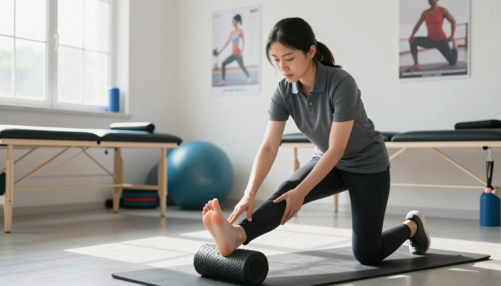 A focused physical therapy session highlighting exercises for the midfoot and plantar pain relief. In the foreground, a professional-looking therapist, dressed in a fitted polo shirt and exercise pants, demonstrates a stretching exercise targeting the midfoot with one foot on a foam roller. The middle ground includes a clean, bright therapy room equipped with resistance bands and exercise balls, conveying a sense of professionalism and calm. Soft, natural lighting filters in through a window, casting gentle shadows. The background features motivational fitness posters on the walls to enhance the therapeutic environment. The overall mood is supportive and encouraging, aiming to reflect the importance of proper foot care and rehabilitation.