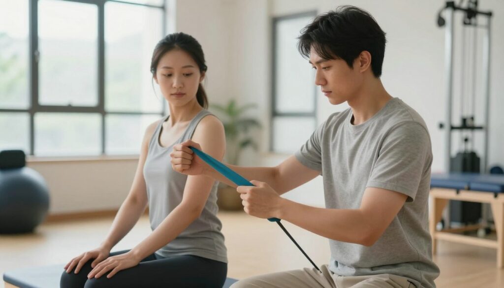 A focused physiotherapist demonstrating tendon exercises for biceps tendon pain in a serene clinical setting. In the foreground, the therapist, wearing modest casual clothing, is illustrating an exercise with a resistance band, showing clear form and technique. The middle ground features a patient following along, with a look of concentration, positioned on an exercise mat. The background is softly blurred, showcasing gym equipment and a large window allowing natural light to fill the space, creating a calm and professional atmosphere. The lighting highlights the therapist's focused expression and the deliberate movements, emphasizing the therapeutic aspect of the exercises. The overall mood is supportive and educational, reflecting a commitment to rehabilitation and relief from pain.