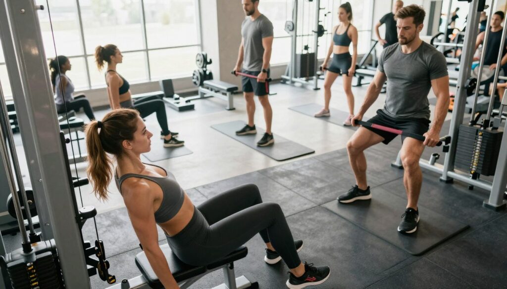 A focused scene in a modern gym showcasing a diverse range of individuals engaging in hamstring exercises for strength training. In the foreground, a fit woman in modest athletic clothing performs a leg curl on a specialized machine, her form precise and determined. To the side, a man uses resistance bands for hamstring stretches, demonstrating versatility in training methods. The middle section captures gym equipment with weights and mats, illustrating a variety of hamstring training options. The background features natural light pouring in through large windows, adding a bright atmosphere to the space. The overall mood is motivating and energetic, emphasizing safety and technique in muscle training. The shot is taken from a slightly elevated angle, highlighting the workout dynamics while focusing on proper posture and execution.