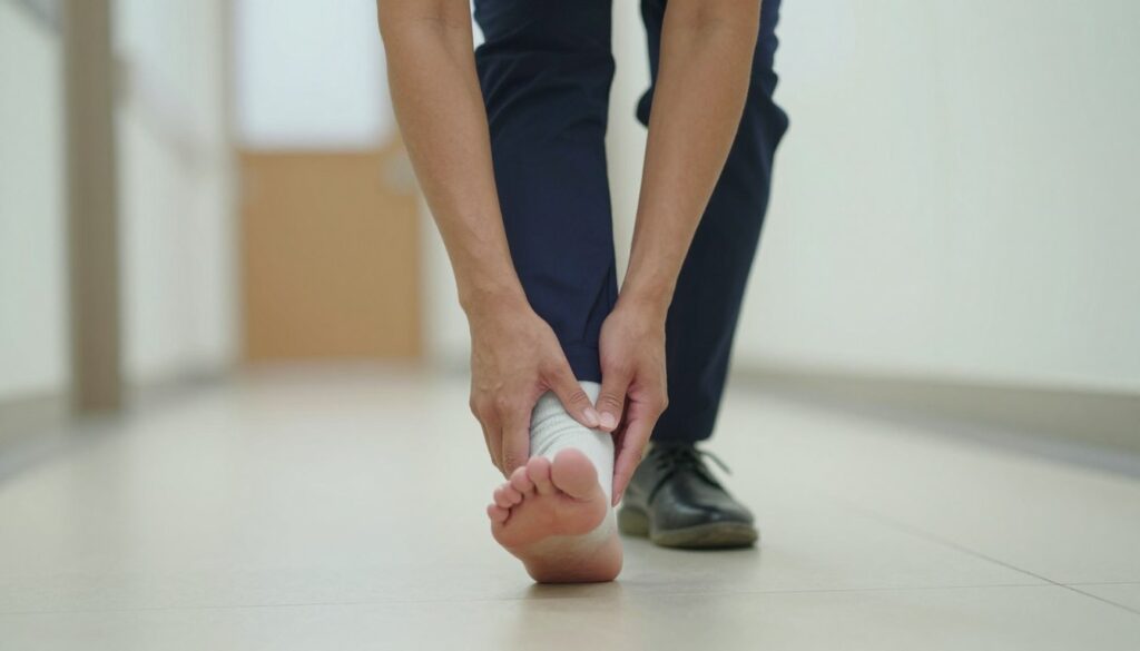 A focused scene of a person in professional attire, walking slowly with a pained expression on their face, emphasizing discomfort in their foot. The foreground features their lower body in a mid-stride position, highlighting the foot that is causing pain, with subtle details like crumpled socks and worn shoes. In the middle ground, a faint pathway or tiled floor is visible, suggesting an indoor setting, such as a clinic or office. The background is softly blurred, hinting at a supportive environment, perhaps with muted colors and gentle lighting that conveys a calm yet serious atmosphere. Use soft natural light to create a sense of realism, and a slightly elevated angle to capture the foot's position effectively.