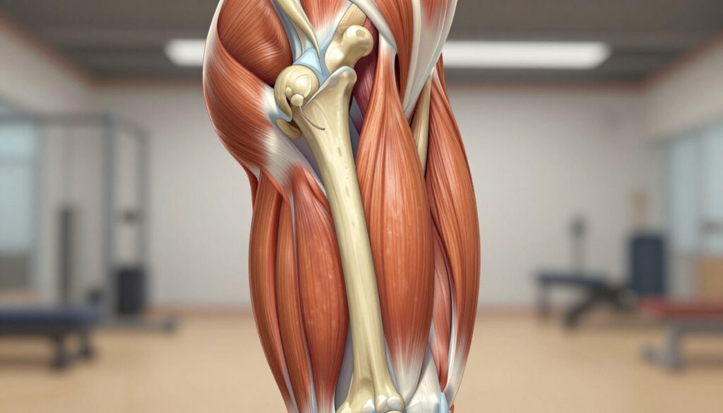 A highly detailed anatomical illustration of the biceps femoris muscle, one of the hamstring muscles. The image should feature a clear cross-section of the human thigh, showcasing the anatomy of the biceps femoris in vibrant colors and textures. In the foreground, depict well-defined muscle fibers with intricate details to illustrate their function. The middle ground should include corresponding skeletal elements, emphasizing bone structure relevant to the hamstrings. The background can have a subtle gradient representing a gym environment, with soft lighting to create an educational atmosphere. Capture the image at a slight angle as if viewed from a professional anatomical textbook. Ensure the depiction is educational, engaging, and suitable for readers interested in safe exercise practices.