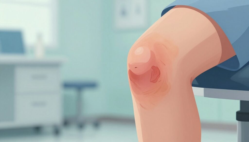 A highly detailed illustration showing the process of a knee hematoma gradually dissipating. In the foreground, a close-up of a distressed knee, showcasing slight swelling and bruising, with highlighted areas indicating the absorption process. In the middle ground, depict visual indicators of healing, such as lightened areas of skin tone around the hematoma and slight reduction in swelling. The background should include a blurred clinical setting that suggests a medical environment, with soft, diffused lighting to create a calm and reassuring atmosphere. Use a gentle color palette, focusing on blues and greens to evoke healing and tranquility. The angle should be slightly above the knee level, emphasizing the transition of the hematoma from injury to recovery.